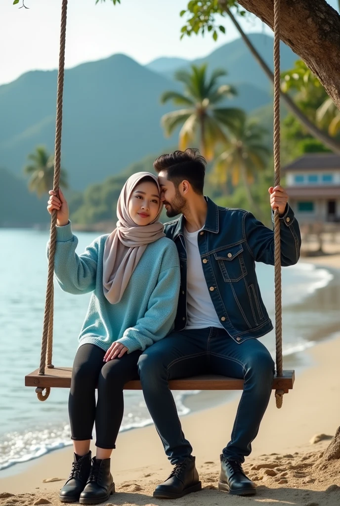 Beautiful Korean woman with white skin, clean and smooth, wearing a hijab with a light blue knit hoodie, black jeans, boots, sitting on a swing with a handsome white man, wearing a dark blue jeans jacket, black jeans, boots, in front of the edge beach, with the house as a backdrop of coconut tree mountains, original photo