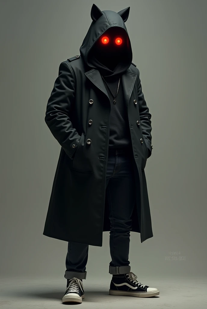 A guy in a black overcoat with jeans and sneakers, the coat has a hood with cat ears, inside the hood is a void with only two red orbs as eyes, make him wink.