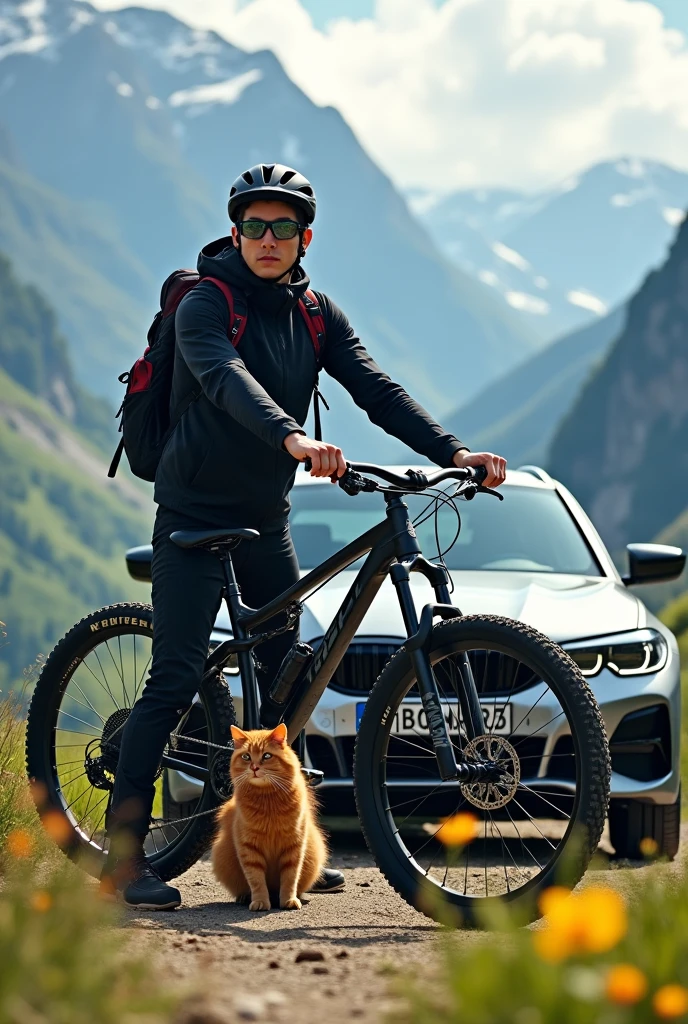 Create a picture of a mountain biker with a Trek mountain bike. The bike is black. The bike is fully suspended. The bike has no battery. The mountain biker is 25 years old. The mountain biker wears a black helmet. The mountain biker wears fast glasses. The biker looks into the valley.
The mountain biker stands in front of a new BMW 3 Series Touring. The BMW 3 Series Touring is grey.
The picture is in Switzerland. An orange cat is in the picture.