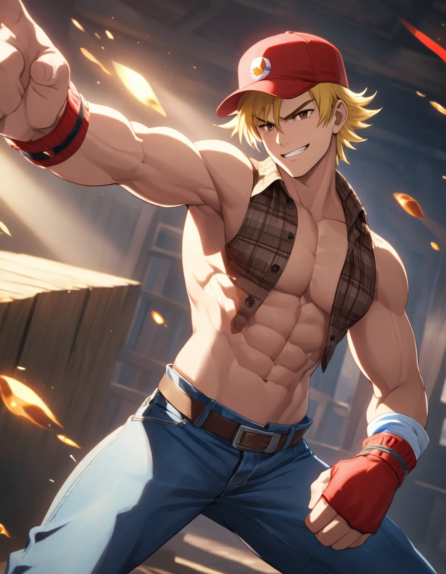 score_9, score_8_up, score_7_up, source_anime, rating_safe, score_6_up, score_5_up, score_4_up, in capcom art style, in nitroplus style, BREAK 1man, naughty heroic guy in fighting game, middle muscular, very short hair, blond, brown eyes, solid chinpira, tough yarichin, BREAK sharp eyes, wild caucasian, abs, >:>, smug, thick abs, cool emotion, BREAK backwards hat, open shirt, cropped shirt, red collared shirt, sleeveless shirt, brown plaid shirt, blue baseball cap, jeans, red wristbands, beckoning gesture, BREAK solo, upperlegs, dynamic expression, game keyvisual, 1990s, BREAK depth of field, dutch angle, cinematic shadows, cinematic lighting, lens flare, light leaks, texture, absurdres absolutely resolution, extreme all detailed, greatest painting, BREAK masterpiece, best quality