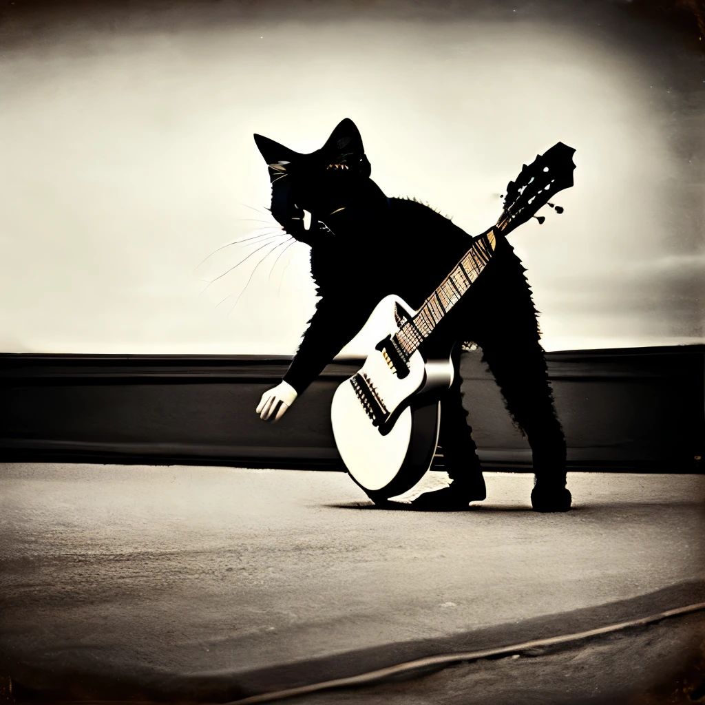 John Kenn Mortensen Style - Surreal、Black and white photography、Contemporary photography、Cat Playing Guitar