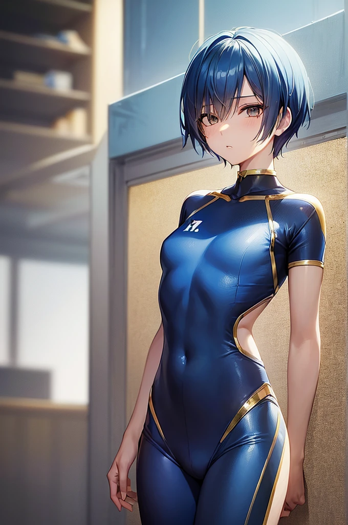 masterpiece, best quality,anime style, 1 girl,(((slender body))), (((small eyes))),(((blue athlete suit))), (beautiful face), (((short hair))), (((straight hair))), ((((gold hair)))),detailed beautiful skin, (perfect hands, perfect anatomy),scream