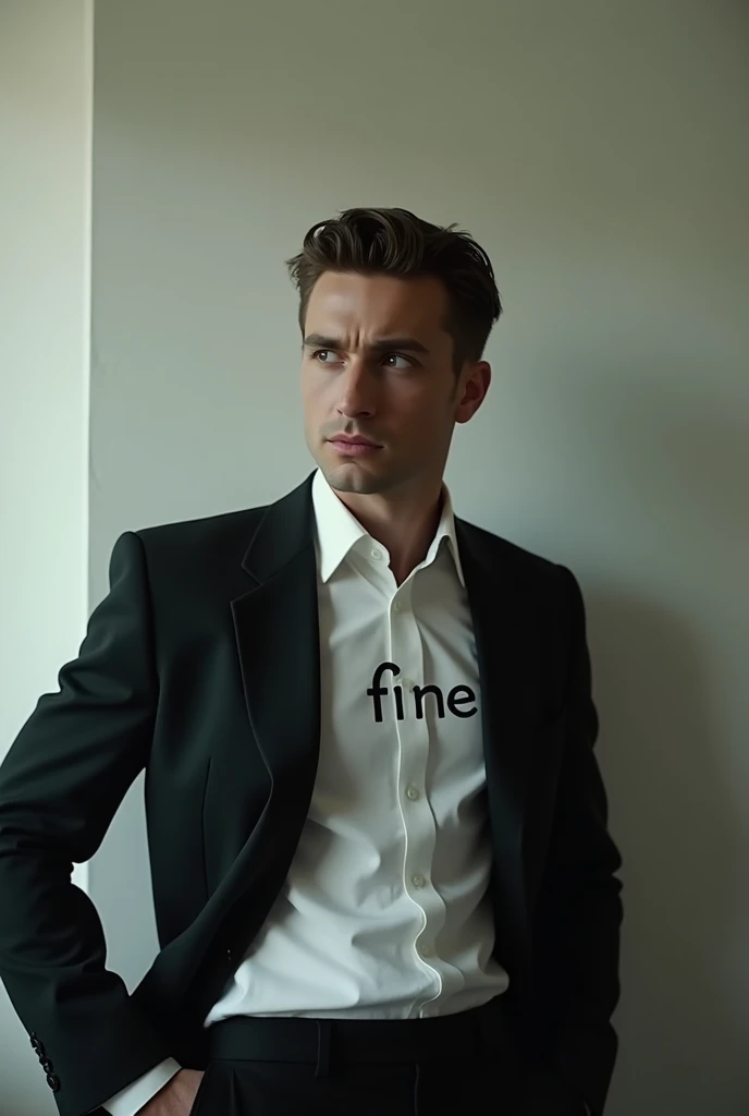 naughty man, styled, photographic essay, with the same shirt written ( fine) minimalist letters
