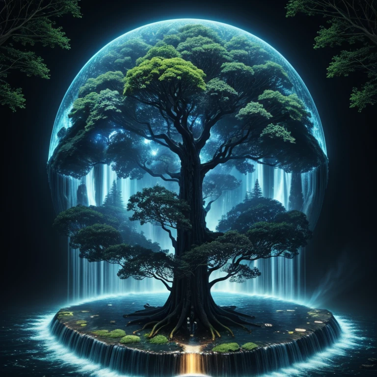 a tree in the middle of a waterfall surrounded by trees, tree of life, cosmic tree of life, the world tree, the tree of life, tree of life seed of doubt, world tree, yggdrasil, fantasy tree, magical tree, mystical setting, cosmic tree, beeple art, realism | beeple, tree of life inside the ball, (focus tree in the middle and waterfall), (Strange), (unique)