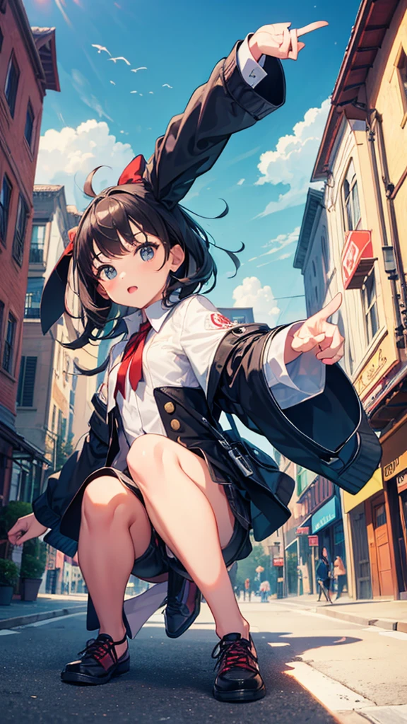 Girl pointing up with perspective