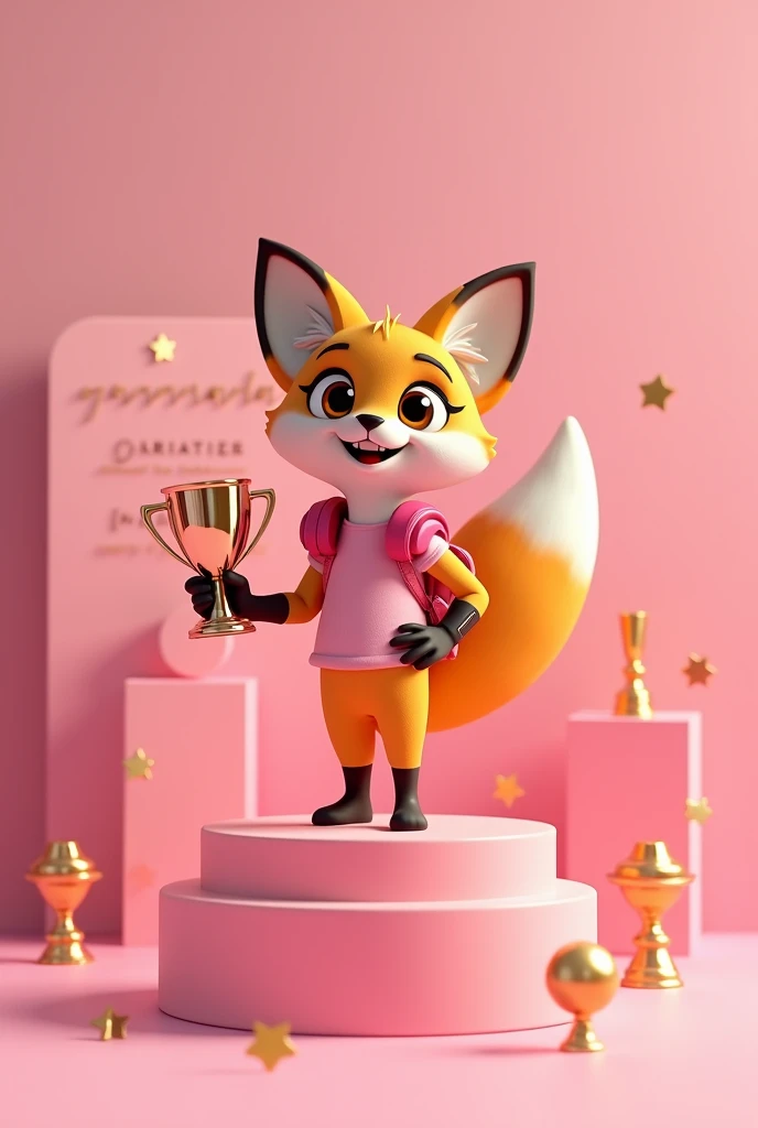 Create a 3D Disney Pixar style fox named Chic Fox. She must exude a victorious and glamorous personality, perfect for representing the Best Sellers section and highlighting the most popular products.
colors: Vibrant shades of orange and white, with pink details and accessories to maintain cohesion with the other mascots.
Accessories:
Victory Cup: An elegant glass in metallic pink or gold, shining with pink details. Chic Fox must be holding the cup with one paw, showing a gesture of celebration and achievement.
Headphone Type Earphone: Para manter a consistência com a seção de Accessories, the headset may be resting casually on Chic Fox's shoulders.
Modern Backpack: A stylish backpack in pink, with modern and fashionable details. It may be next to the podium or slightly visible., highlighting the style of Chic Fox.
smartwatch: A modern smartwatch with a pink strap, visible on the fox's wrist, To add a touch of sophistication.
vestimentas: A basic pink shirt, Woman's style, that complements the look in an elegant and modern way.
podium: Chic Fox must be on top of a podium in pink, with details in lighter or metallic pink, symbolizing the first place. The podium can have a modern and stylized design, with stars or decorative trophies.
Expressions: Winning smile and bright brown eyes, with an expression of triumph and celebration. The fox should look excited and confident., celebrating best-selling products.
Activities and Poses:
Holding the cup: Chic Fox is on top of the podium, holding the cup with one paw and making a victory gesture. You may have an expression of joy and pride.
Posando no podium: Standing confidently on the podium, showing backpack and smartwatch while holding cup.
Product Tips: Pointing to a board with highlights of the best-selling products, tips on how to choose the best items and reasons for their popularity.
Interactivity on the Website:
Animations when Passing the Ass