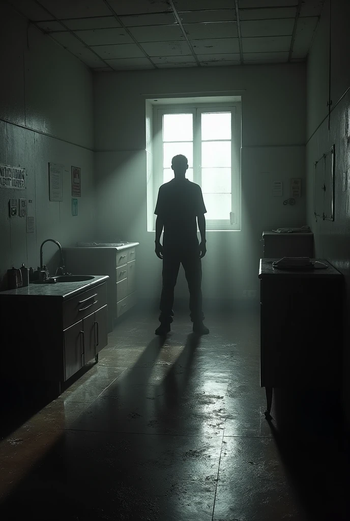 A spooky room in a drug rehabilitation center where there is a shadow of a human (shades of black and white). 