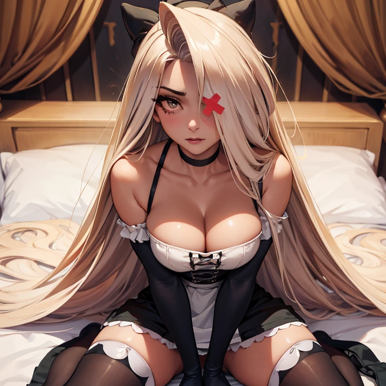 kneeling on bed doggy style, invite for sex(masterpiece, best quality:1.4), absurdres, highres, ultra detailed, beautiful, (maid), (perfect face, detailed face, beautiful:1.3),(natural breasts, cleavage), collarbone, fingerless gloves, gloves,spaghetti strap top, black pencil skirt, tight, over the knee skirt, hat, elegant maid outfit, thighhighs, thick thighs, thighs, multiple belts, More detailed 8K.motor irreal:1.4,UHD,La mejor calidad:1.4, fotorrealista:1.4, textura de la piel:1.4, obra maestra:1.8,obra-prima, mejor calidad,objeto Objeto], (detailed face features:1.3),(manos detailed)