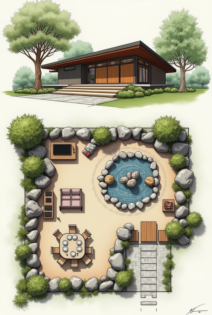 Design a nature-themed house with varied rocks. Include:
Floor Plan:
Living Area: Central rock garden with river rocks.
Kitchen: Granite countertops.
Dining: Limestone accent wall.
Bathroom: Slate tiles.
Outdoor: Flagstone path.
Drawing only
Criteria:
Content and Accuracy: All terms/elements explained.
Creativity: Original use of rocks.
Neatness: Clear, error-free sketch.
You were assigned to design a house of a nature lover client. And the request of your client is to use different rocks to accentuate the nature and modern theme of the house design. Your design must have a center piece made from rocks. Sketch the floor plan of the house and indicate the rocks to be used in your built. Be guided of the criteria below.
The image is drawing and easy and sketch only