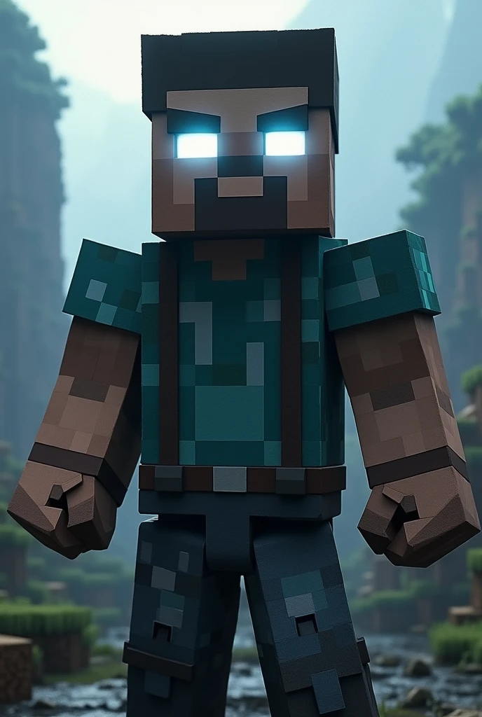 Steve from Minecraft game glowing white eyes badass