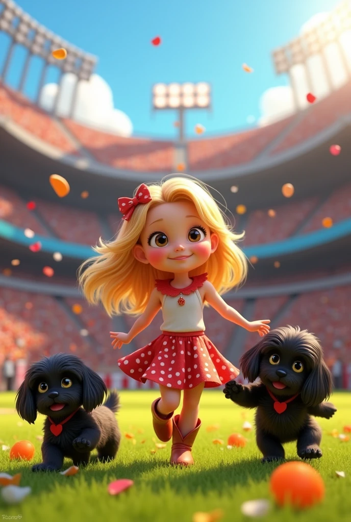Cute blonde girl wearing a dress and cowboy boots 2 black shih tzu puppies dancing at a football game bright colors in background 3D Pixar style