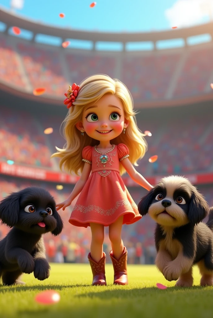 Cute blonde girl wearing a dress and cowboy boots 2 black shih tzu puppies dancing at a football game bright colors in background 3D Pixar style