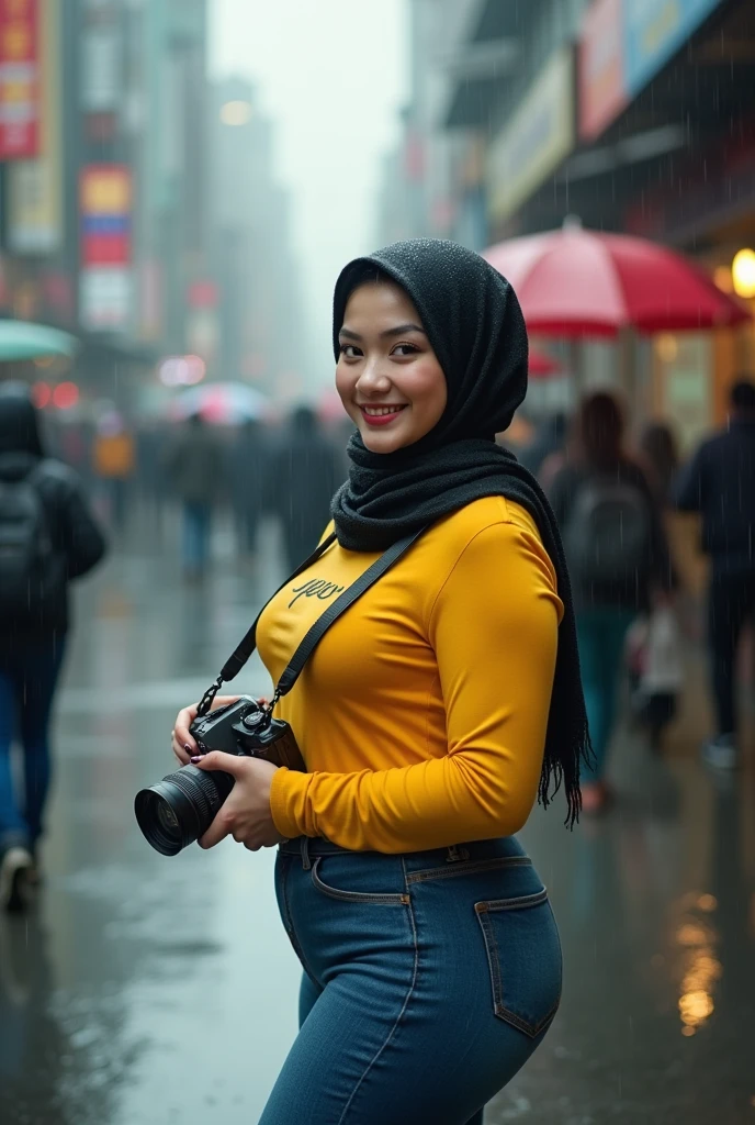 UHD, Arabic-Korean curvy girl, covering head with dark hijab, pale skin, 25 years old, cute face, detail face, curvy body, wide hips, perfect breast and body anatomy, city, crowds, holding camera, Noon, rainy, wet, sweaty, wearing Pressed long arm yellow shirt with "JEJE" small letter, tight skinny jeans, sweaty smile facing to camera