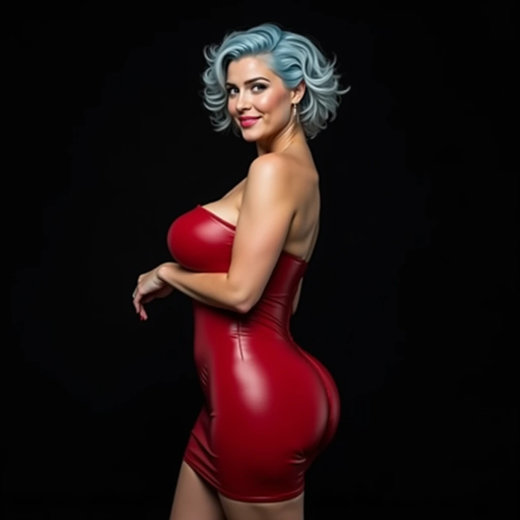 Busty woman , huge buttocks, profile pose, full body short curly light blue hair, White skin, grey eyes, F cup breasts, short red fitted latex dress, pink lips, sharp nose, slight smile, Photo studio, Black background.