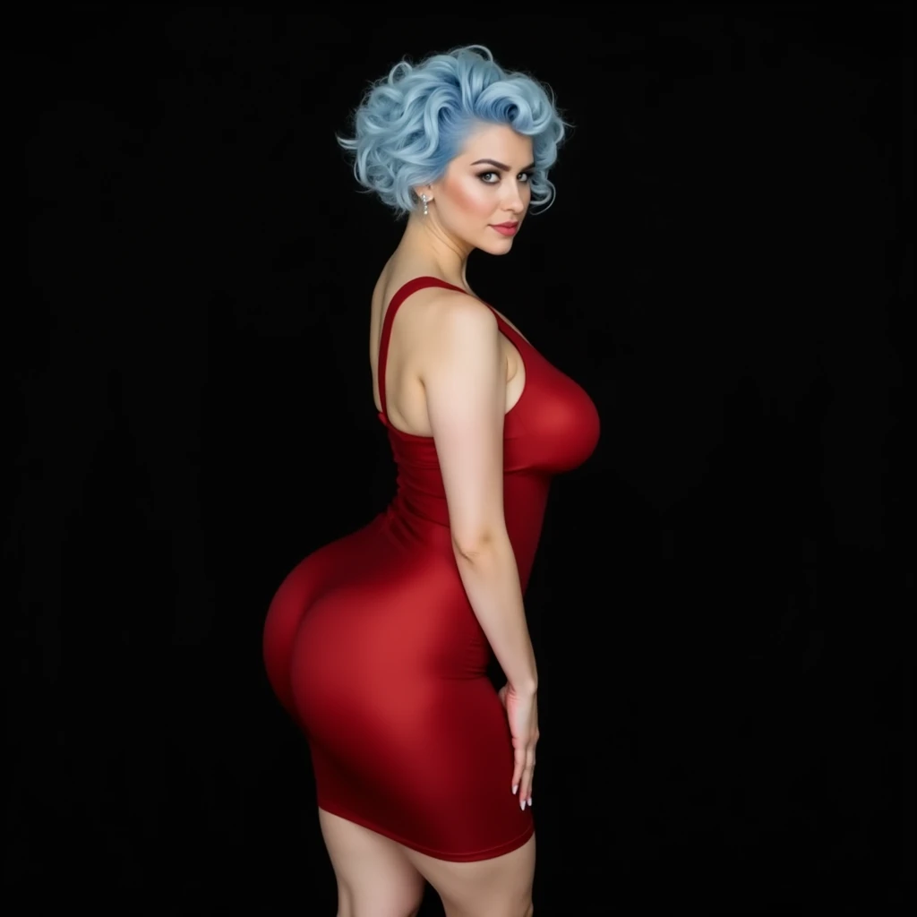 Busty woman , huge buttocks, profile pose, full body short curly light blue hair, White skin, grey eyes, F cup breasts, short red fitted latex dress, pink lips, sharp nose, slight smile, Photo studio, Black background.
