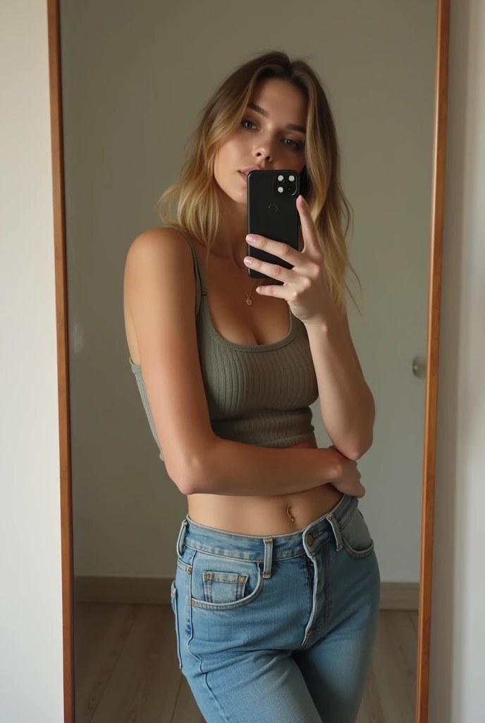 there is a young woman with middle dark blonde hair posing for a picture, she is wearing a jeans and a top,there is a woman taking a selfie in a mirror, 8k selfie photograph, taken in the early 2020s, fit pic, outfit photo, mirror selfie, 2 4 year old female model, standing in corner of room, full body shot!!, full body picture, low quality photo,