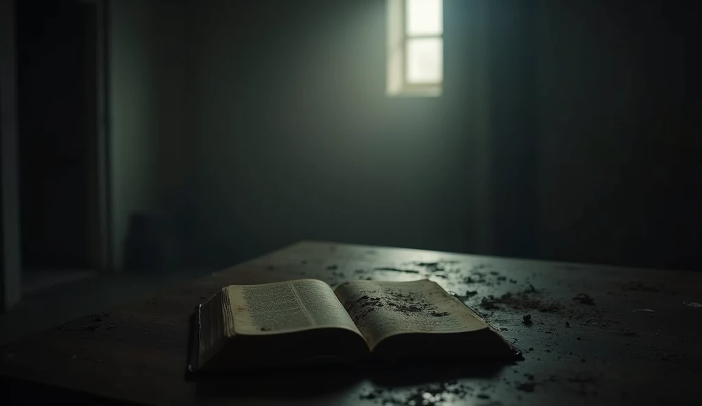 An empty, dark room, with a closed and dusty Bible on a table, symbolizing the abandonment of the practice of prayer. The light coming through the window is weak and distant., suggesting the removal of God&#39;s presence.