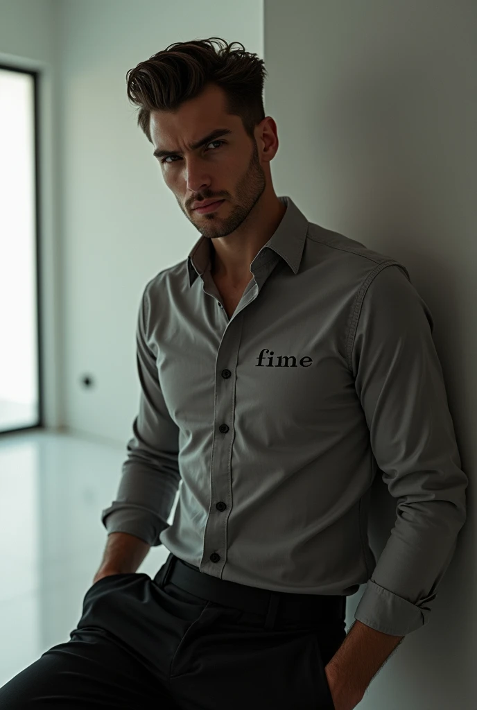 naughty man, styled, photographic essay, with the same shirt written ( fine) minimalist letters