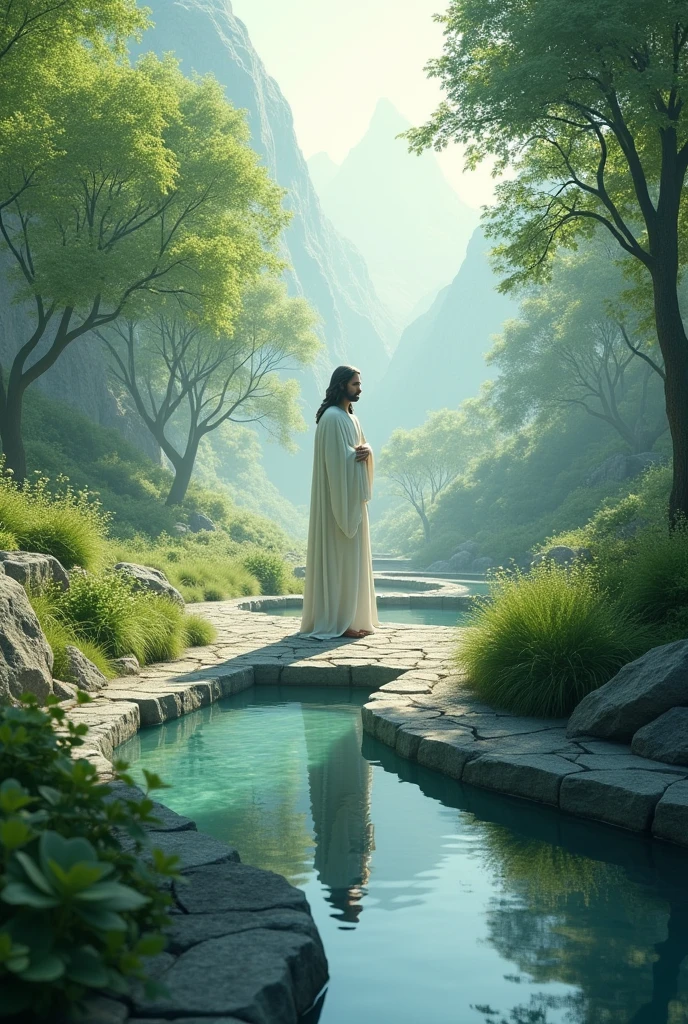 Tank with water, pathway, jesus

