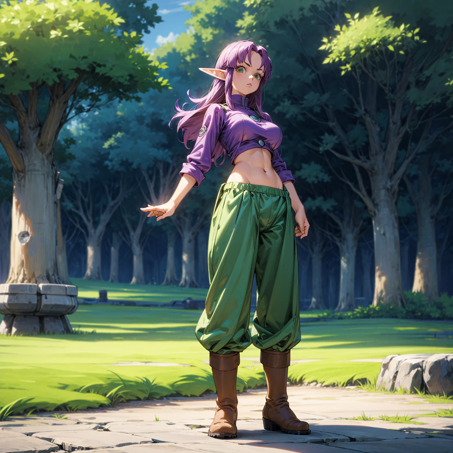 Solo character, full body version, girl, very big breast, (elf), green eyes, purple color hair, long bob hair, crop top shirt, blue long pants, boots, outdoor, village, detailed background, detailed clothing, detailed hair, muscle, standing gesture, (Doraemon style art, one piece style art)