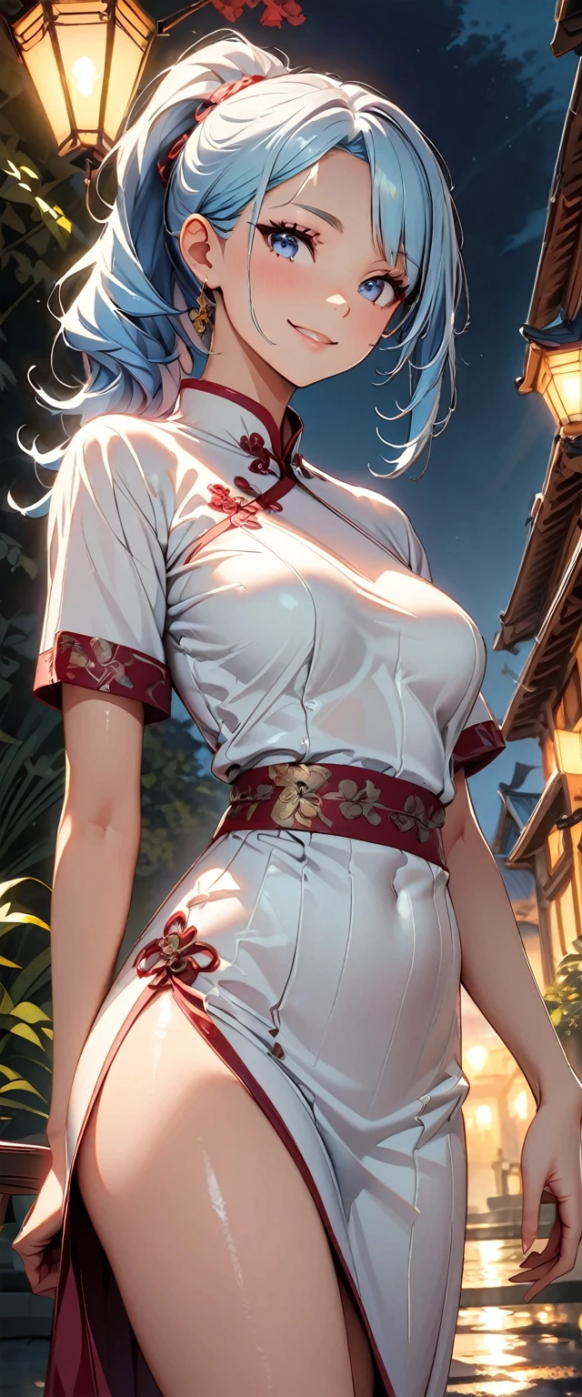 Masterpiece, stunning realistic, best quality, sharpness,1 girl,forehead mark,half body,pink hair,green eyes,bobcut,forehead mark,red hairband, red sleeveless dress, navel, groin,white pants, bracelet, cherry blossoms, falling petals,large breasts