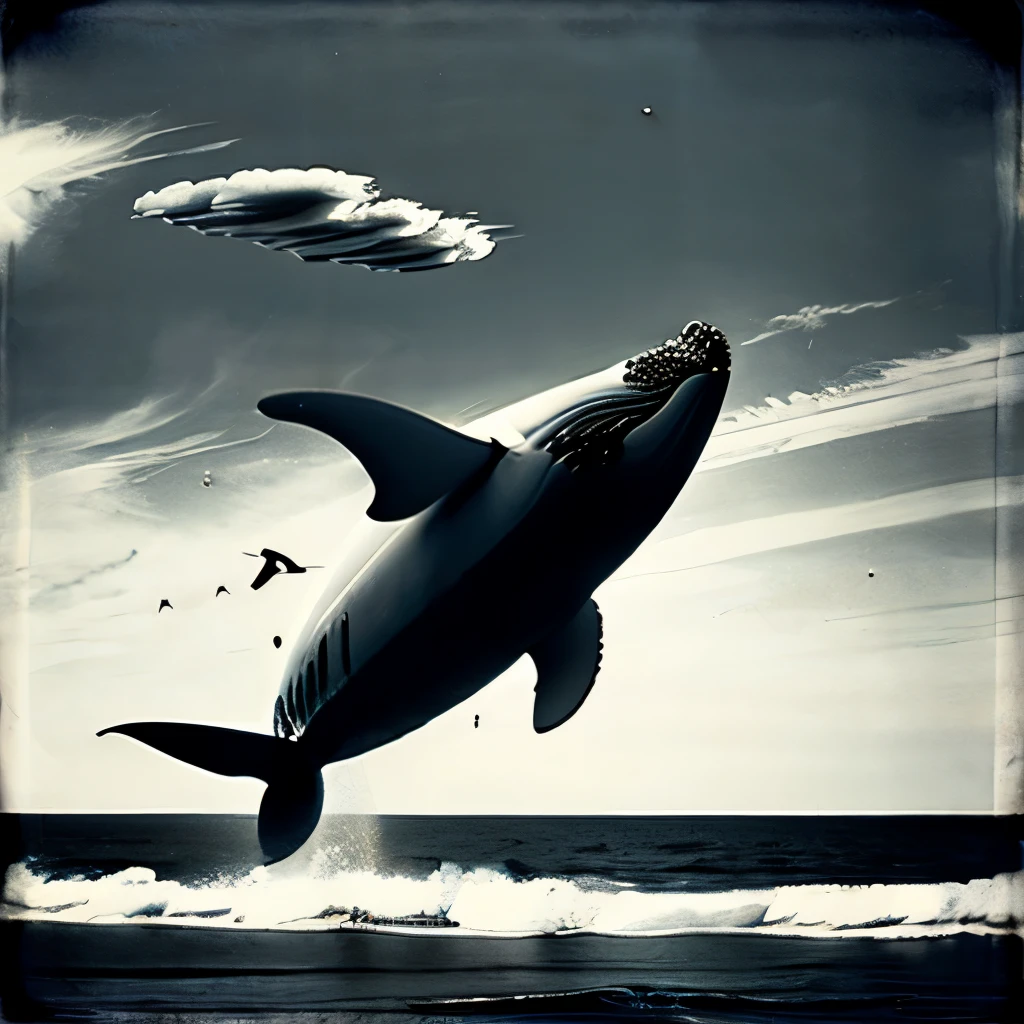 John Kenn Mortensen Style - Surreal、Black and white photography、Contemporary photography、Whale flying in the sky