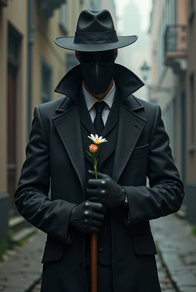 I want you to create a guy with a hat , a detective stick, wearing a black plague mask and holding a flower