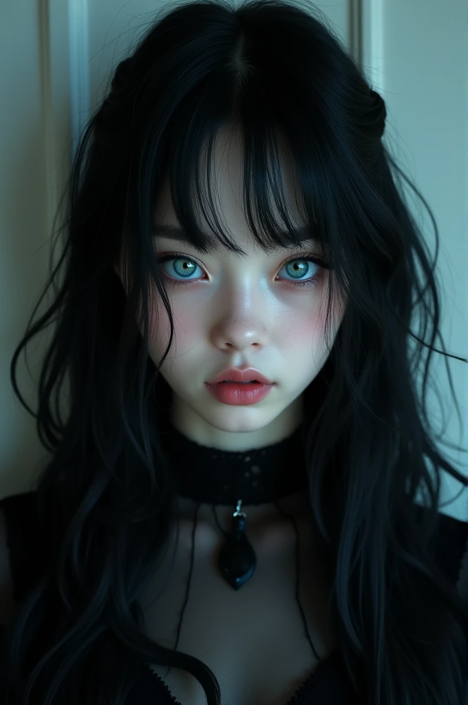 a girl She has black hair, smooth and shiny, that fall in a medium-length cascade, contrasting with her extremely pale skin. Your eyes are an intense blue, quase sobrenatural, and seem to glow with a cold light. His gaze is penetrating and loaded with a disturbing mystery.. She has a well defined face, with fine features and an expression that exudes an aura of malice and control. Their clothes tend to be dark and elegant., further accentuating its enigmatic and threatening aspect.