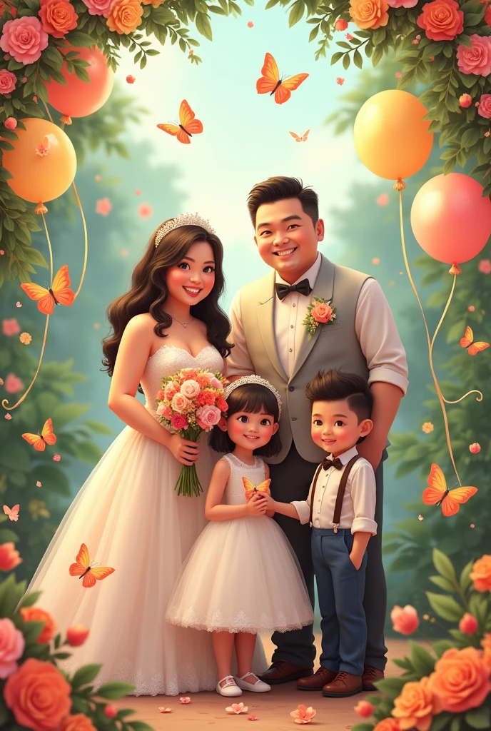 Real pinoy wedding couple semi chubby with daughter girl 7 years old with gown and boy 6 years old with attire with flowers baloons butterflies