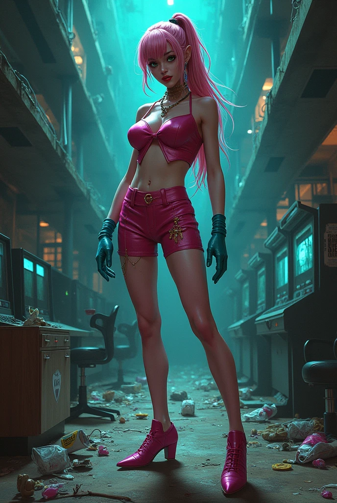 80s Dark fantasy a pink half spider woman with ponytail hair with green eyes and a heart outfit with dark pink shoes she is in a gaming station factory with several webs and trash thrown around and everything broken. She&#39;s wearing cyan gloves too.