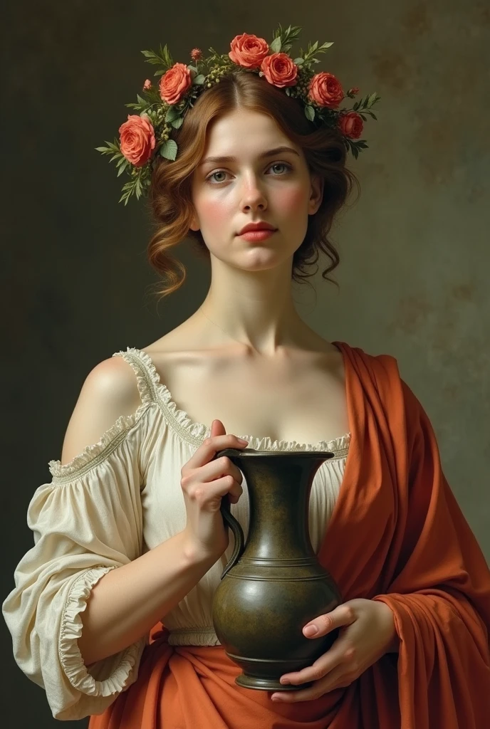 oil painting, semi-nude woman, holding a vase, look of a surprised woman, dark background, high detail, inspired by Leopold Schmutzler, Philippe de Laszlo, inspired by Konstantin Makovsky, high fantasy. Royo, by Willem Kalf, Artistic style by Leopold Schmutzler, by Karl Bryullov, louis Royo, Herbert James Gunn, based on Howard Chandler Christie