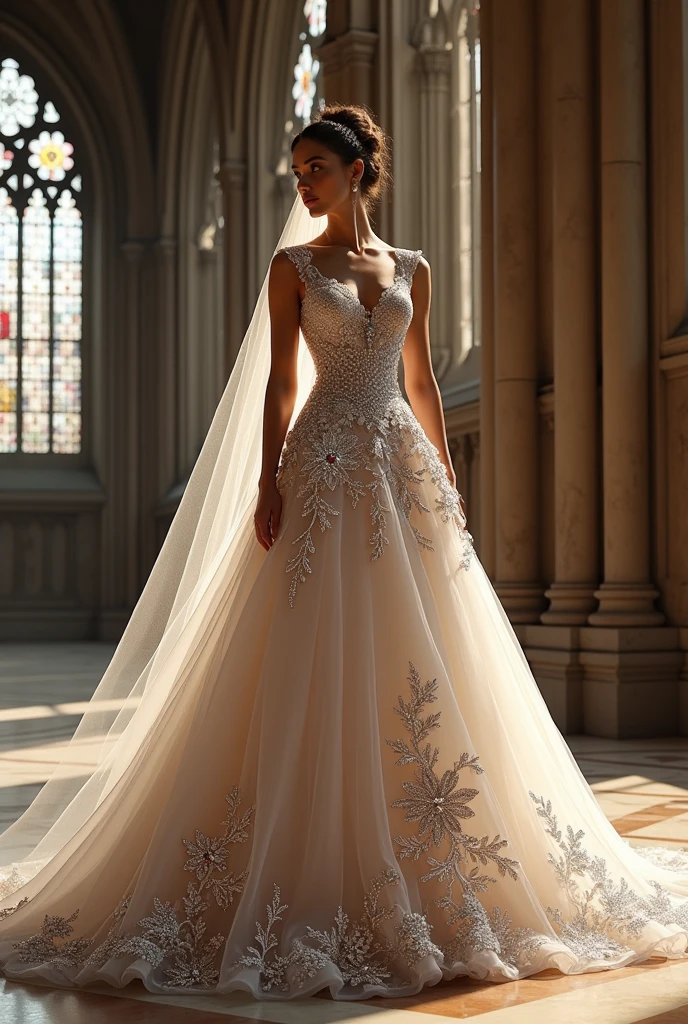 luxurious large wedding dress with gemstone embroidery