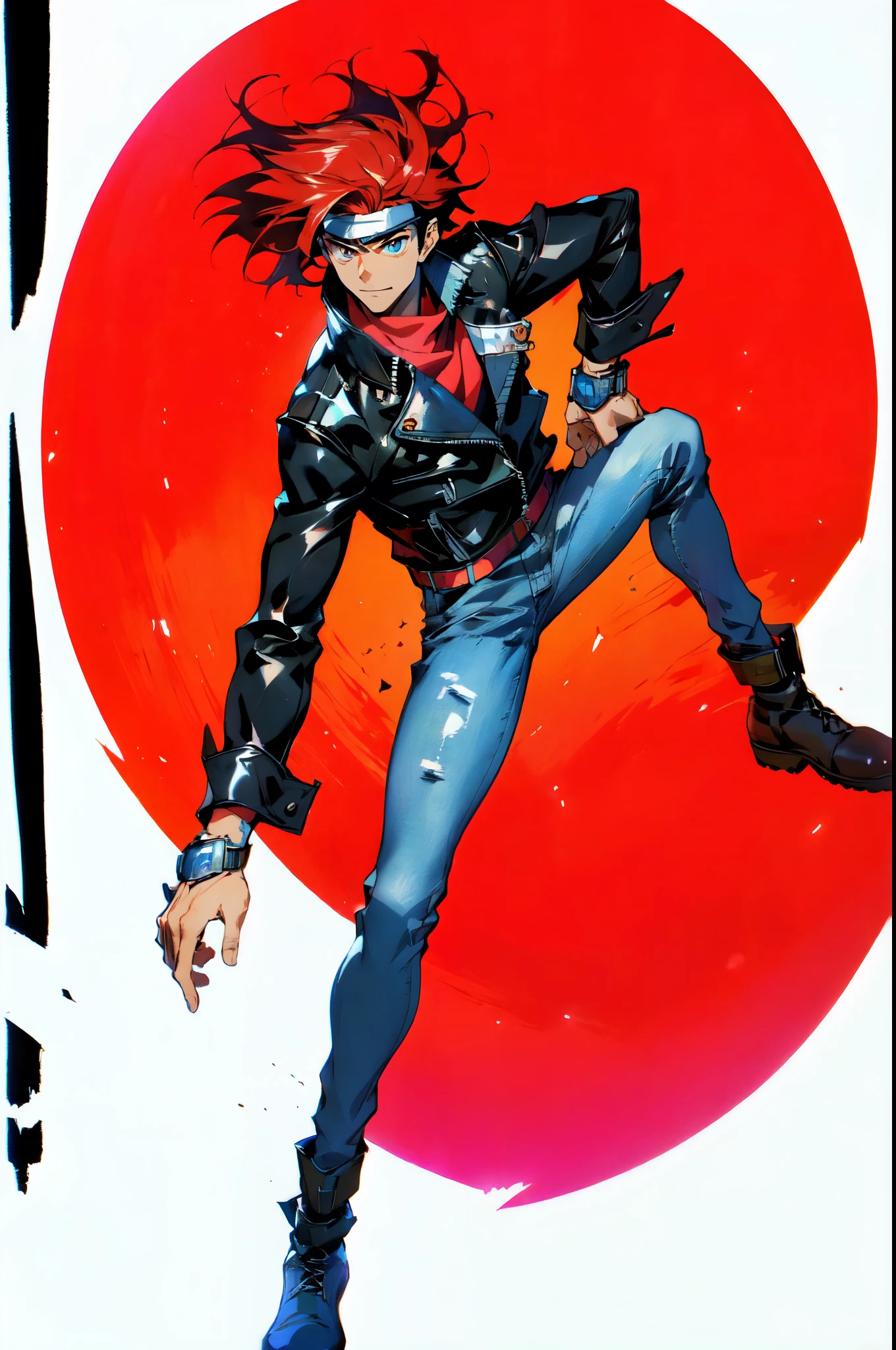 (masterpiece:1.2, best quality:1.2, extremely delicate:1.2), ((male:1.5)), a young man with messy red hair, a leather strap tied around his forehead, a handsome face, bright eyes, a rebellious smile, a slender build, a futuristic fantasy-style black and white leather jacket, dark jeans, hiking boots, he is making an exaggerated leap above the city, this character embodies a finely crafted futuristic fantasy-style rogue in anime style, exquisite and mature manga art style, dramatic, high definition, highres, ultra-detailed, ultra-fine painting, professional, perfect body proportions, golden ratio, anatomically correct, symmetrical face, extremely detailed eyes and face, high quality eyes, creativity, RAW photo, UHD, 32k, Natural light, cinematic lighting, (masterpiece-anatomy-perfect:1.2)