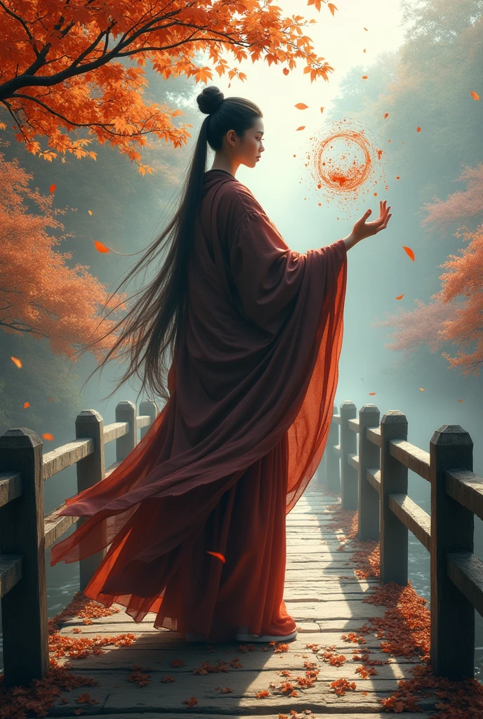 Female Onmyoji、Standing on top of Togetsukyo Bridge in Arashiyama, Kyoto, performing a spell、Frontal image、Autumn foliage period、A thin mist rises from the river、There is a Shikigami nearby that the Onmyoji follows.