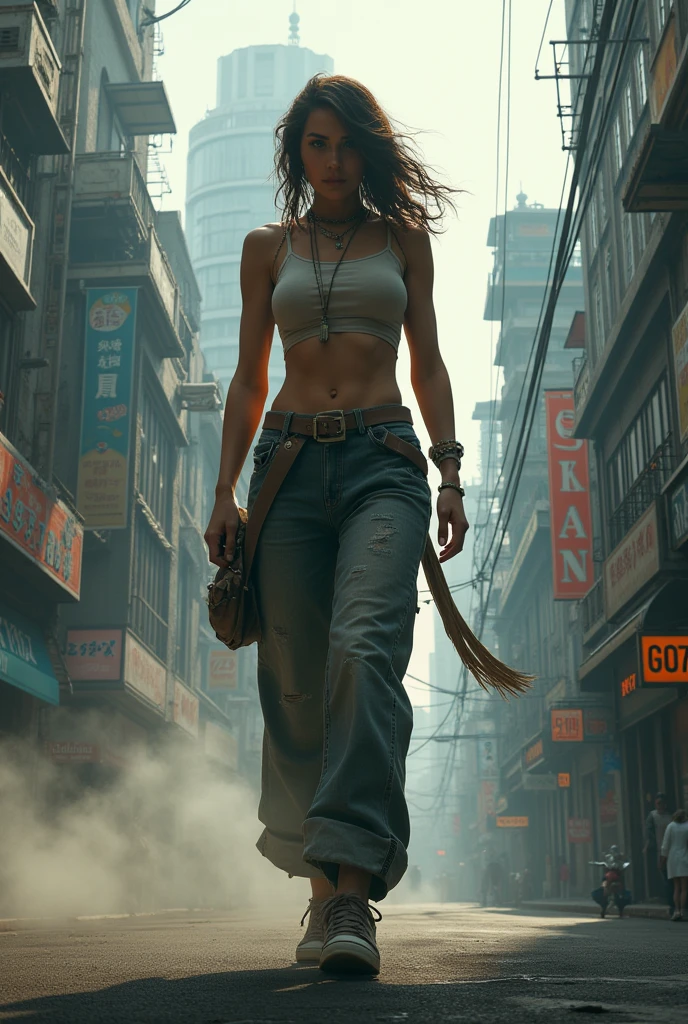 "A towering Giantess in a cool and laid-back hippie style is rocking a crop top and baggy pants. Her toned and athletic build hints at her massive strength. She seems to be casually strolling through the bustling cityscape of GTS City, as towering buildings loom overhead. Smoke and clouds roil around her, adding to the sense of epic scale and drama. The lighting is dark, gloomy, and realistic, creating a tense and ominous atmosphere. The perspective is from below, emphasizing the sheer majesty and power of the Giantess."