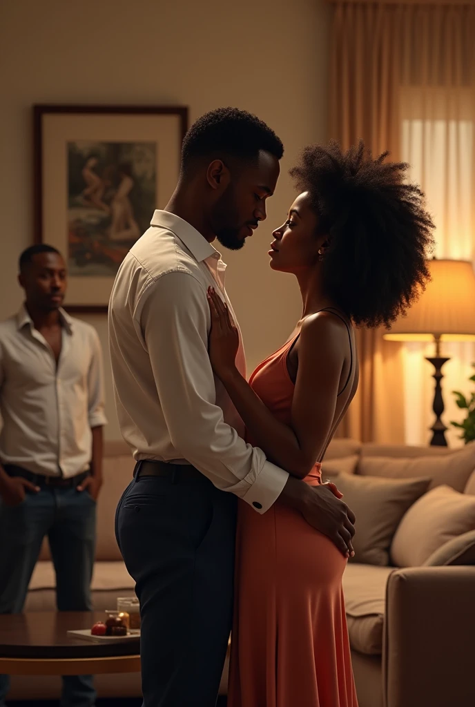 Generate an image of a black young handsome man who has put his hands at the back of a very young beautiful lady with Afro walking into a living room and an older man of about 40 years in the background