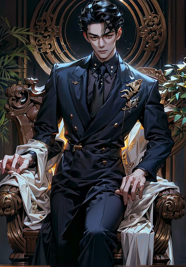 lamplight, close-up cleavage, Handsome men, golden eyes, (Focus eyes, The eyes are bright), (focus face),(Focus clothing), Medium long black hair, ear piercings, medium skin, dark blue coat, Meticulous suit, gold accessories on clothes, dark blue ties (perfect anatomia:1.2), Highqualityshadow, natural lighting, (White highlights:1.2),overcast day, (starrysky), (shining), full body