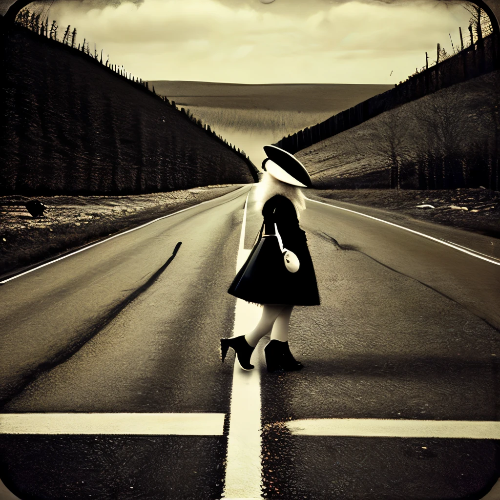 John Kenn Mortensen Style - Surreal、Black and white photography、Contemporary photography、Cat crossing the road