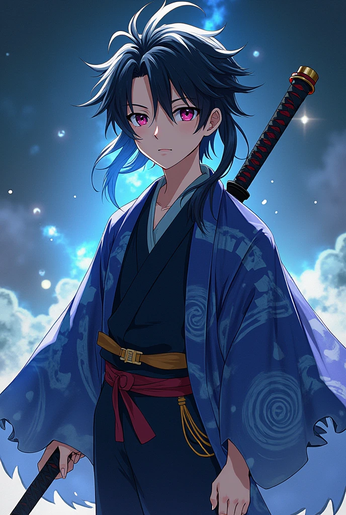 Male character with Megumi's hair and a haori that resembles the cosmos with Toji's body structure with the appearance of a child holding a black katana with white spots