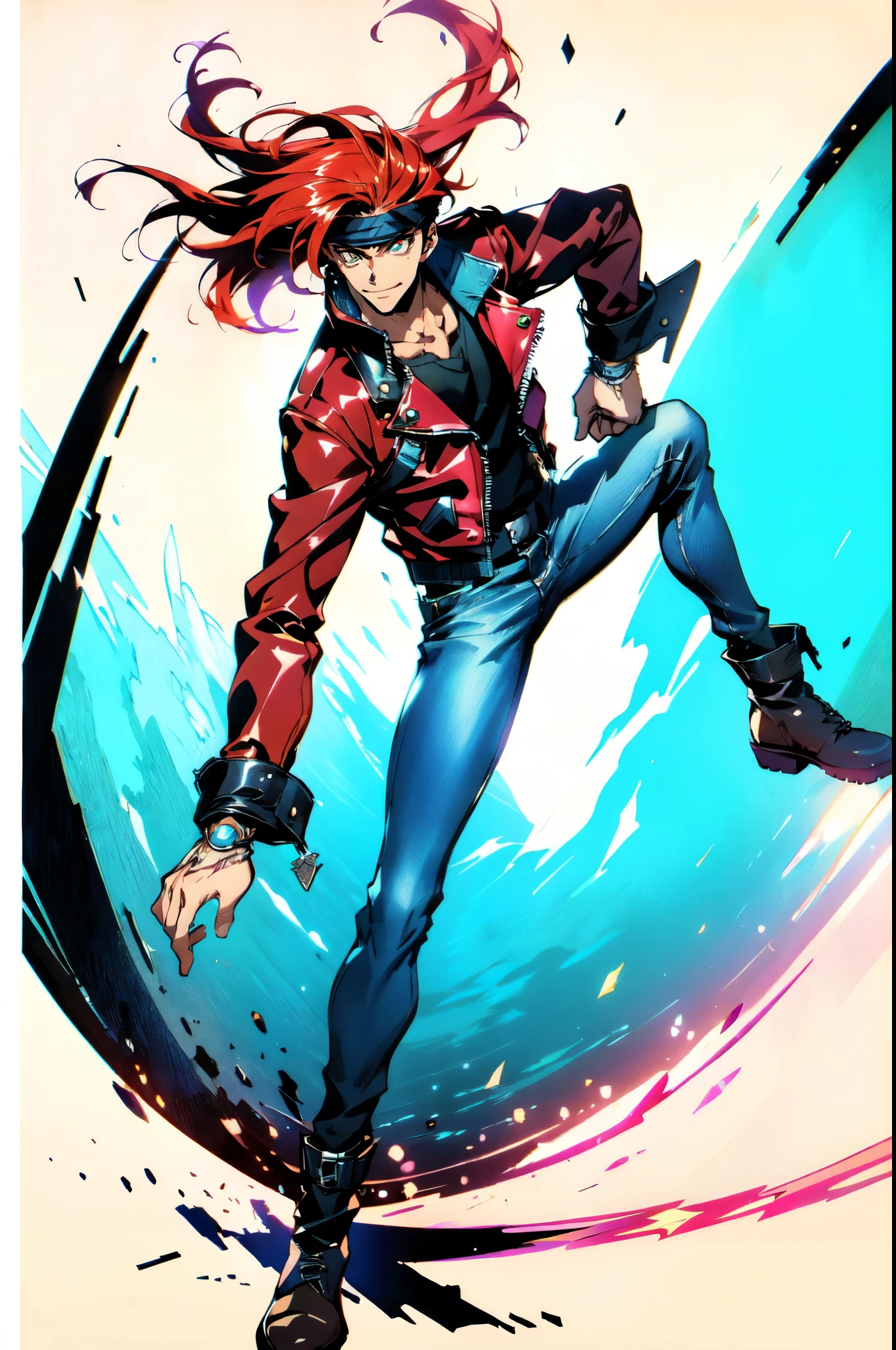 (masterpiece:1.2, best quality:1.2, extremely delicate:1.2), ((male:1.5)), a young man with messy red hair, a leather strap tied around his forehead, a handsome face, bright eyes, a rebellious smile, a slender build, a futuristic fantasy-style black and white leather jacket, dark jeans, hiking boots, he is making an exaggerated leap above the city, this character embodies a finely crafted futuristic fantasy-style rogue in anime style, exquisite and mature manga art style, dramatic, high definition, highres, ultra-detailed, ultra-fine painting, professional, perfect body proportions, golden ratio, anatomically correct, symmetrical face, extremely detailed eyes and face, high quality eyes, creativity, RAW photo, UHD, 32k, Natural light, cinematic lighting, (masterpiece-anatomy-perfect:1.2)