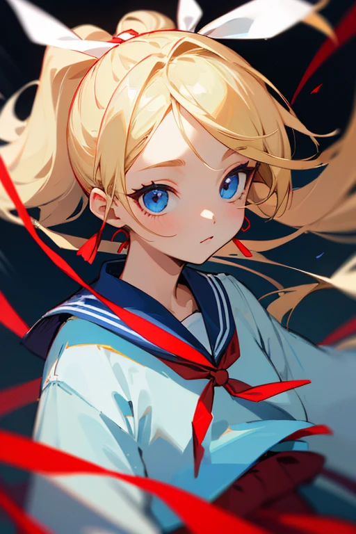 (Highest quality、Highest quality)、Blonde Straight、Beauty、ponytail、Red ribbon on head、Eyes are black、Eye highlights、Light blue sailor suit、