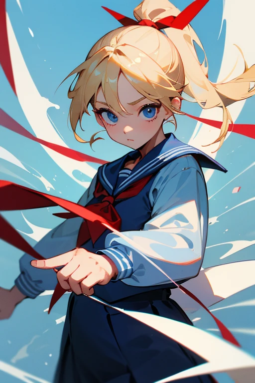 (Highest quality、Highest quality)、Blonde Straight、Beauty、ponytail、Red ribbon on head、Eyes are black、Eye highlights、Light blue sailor suit、