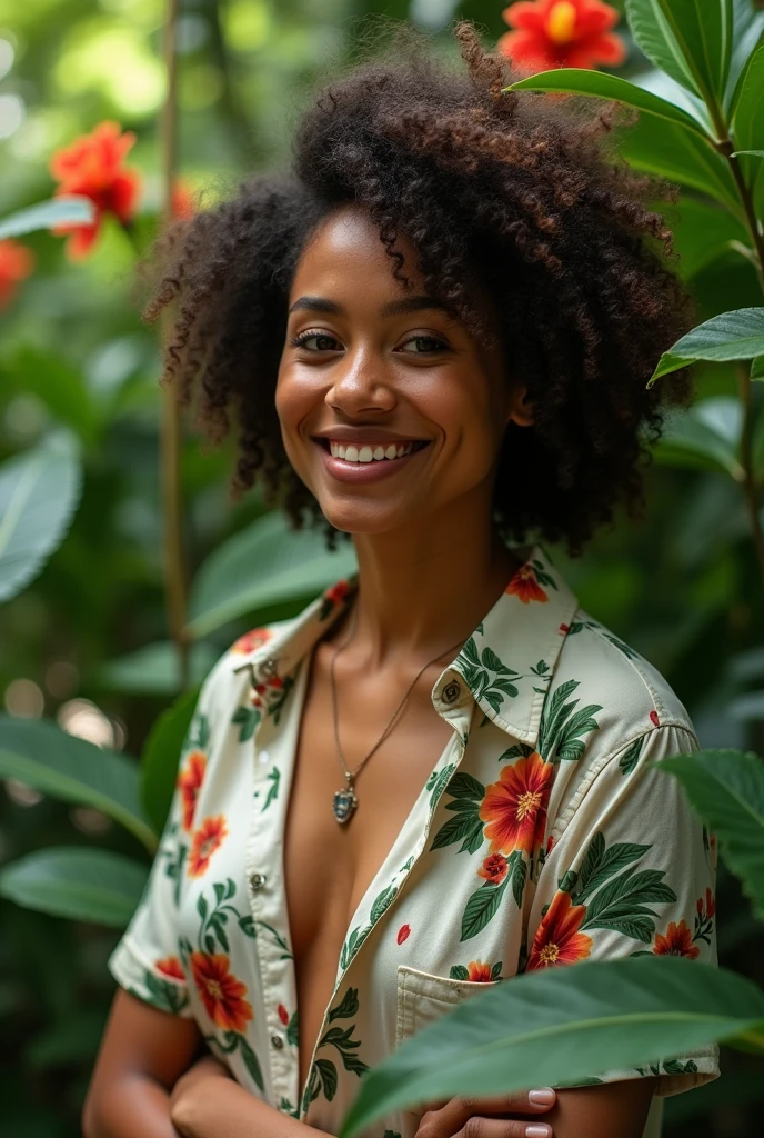 A Brazilian woman in a lush tropical garden, wearing an open shirt with a floral print, with a close-up capturing the harmonious beauty between her breasts and the natural flowers, showing off your natural charm and outgoing personality.