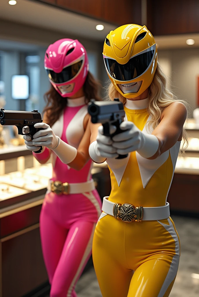 2 famme qui porte une tenue de powe ranger  rose et jaune avec le casque  et avec les gant blanc qui font un braquage dans une banque dans un coffre ouvert avec dedans bauecou argent avec des sac avec des pistolet 