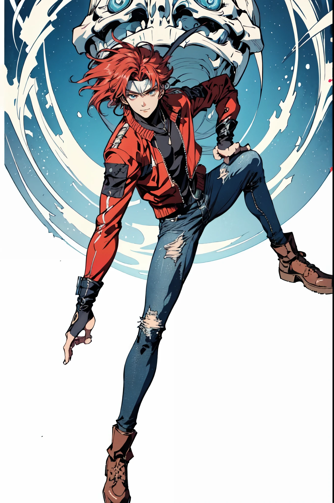 (masterpiece:1.2, best quality:1.2, extremely delicate:1.2), ((male:1.5)), a young man with messy red hair, a leather strap tied around his forehead, a handsome face, bright eyes, a rebellious smile, a slender build, a futuristic fantasy-style black and white leather jacket, dark jeans, hiking boots, he is making an exaggerated leap above the city, this character embodies a finely crafted futuristic fantasy-style rogue in anime style, exquisite and mature manga art style, dramatic, high definition, highres, ultra-detailed, ultra-fine painting, professional, perfect body proportions, golden ratio, anatomically correct, symmetrical face, extremely detailed eyes and face, high quality eyes, creativity, RAW photo, UHD, 32k, Natural light, cinematic lighting, (masterpiece-anatomy-perfect:1.2)