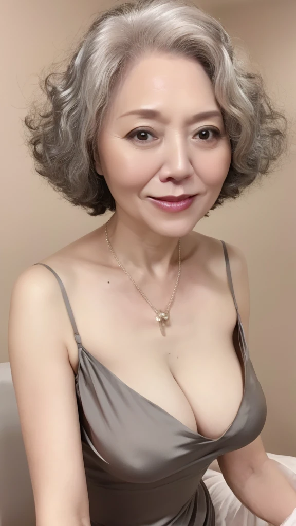 Beautiful elderly woman, cute,sexy,55 years old,,sexy,Wear a pearl necklace, old woman,Big saggy  Breasts, Curly Hair, plain grey background