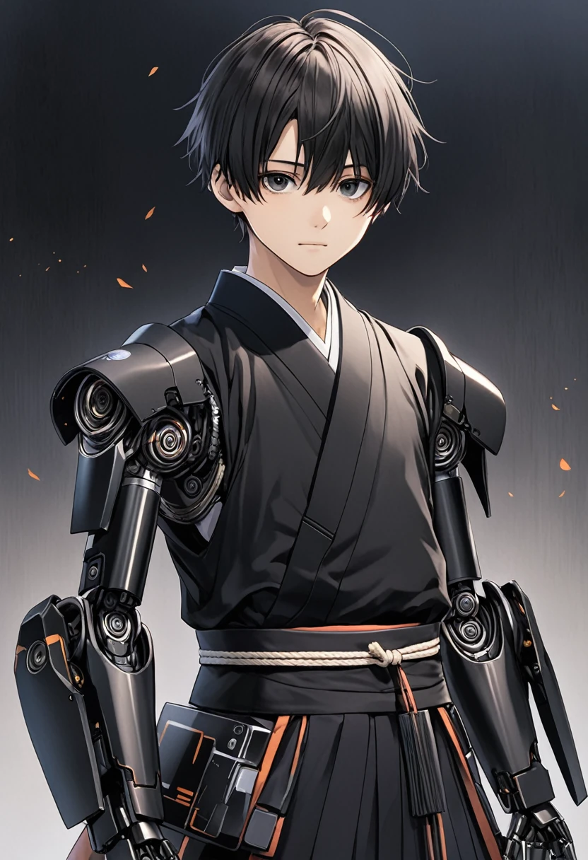 a young Japanese man, with short, close-cropped hair and a center-parted fringe, and wearing a black kimono, Instead of arms, he has robotic arms., and has black eyes