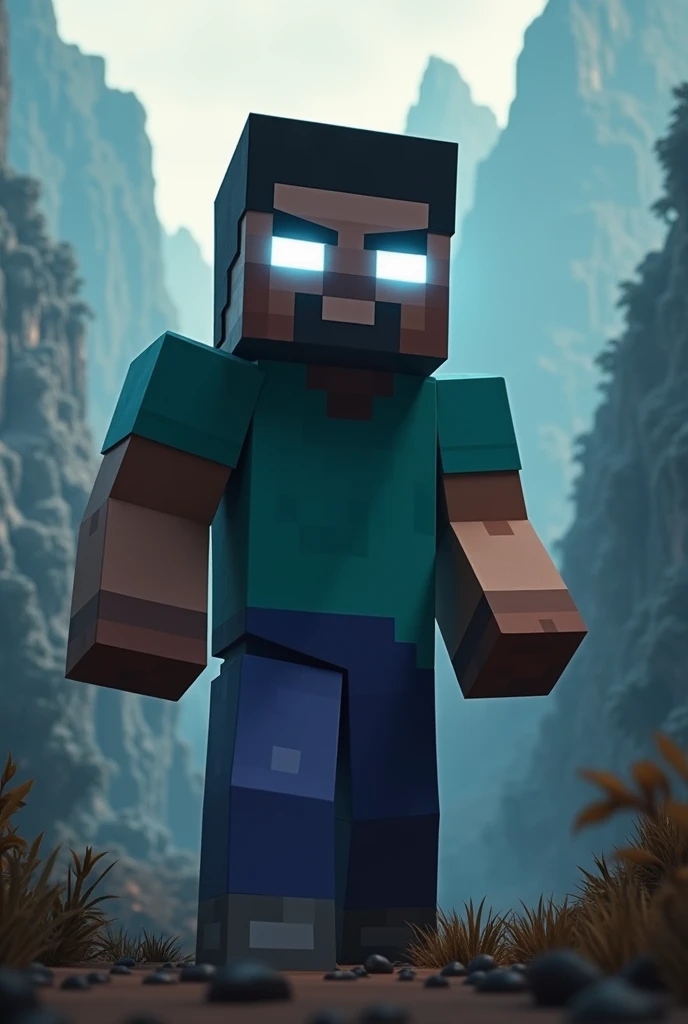 Steve from Minecraft game glowing white eyes badass 