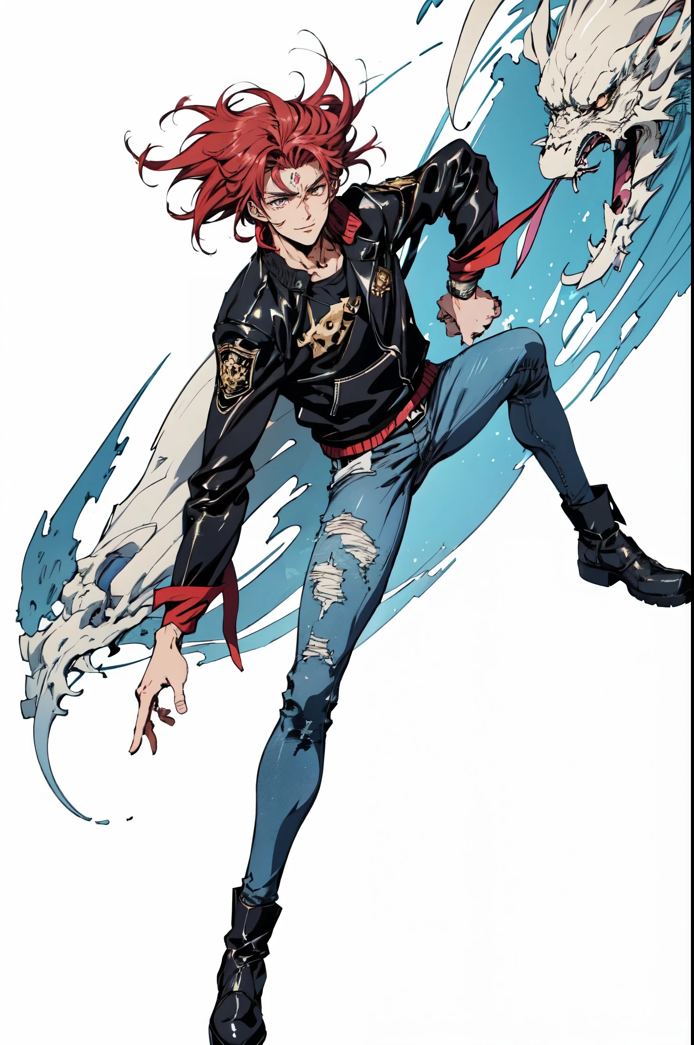 (masterpiece:1.2, best quality:1.2, extremely delicate:1.2), ((male:1.5)), a young man with messy red hair, a leather strap tied around his forehead, a handsome face, bright eyes, a rebellious smile, a slender build, a futuristic fantasy-style black and white leather jacket, dark jeans, hiking boots, he is making an exaggerated leap above the city, this character embodies a finely crafted futuristic fantasy-style rogue in anime style, exquisite and mature manga art style, dramatic, high definition, highres, ultra-detailed, ultra-fine painting, professional, perfect body proportions, golden ratio, anatomically correct, symmetrical face, extremely detailed eyes and face, high quality eyes, creativity, RAW photo, UHD, 32k, Natural light, cinematic lighting, (masterpiece-anatomy-perfect:1.2)