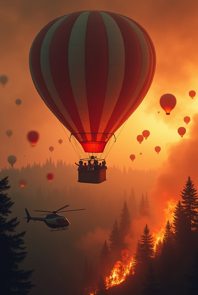 There were 5 people on the hot air balloon panicking looking down at the burning forest. In the distance there was a helicopter carrying a bucket of water to put out the fire and a few birthday balloons and Chinese sky lanterns.